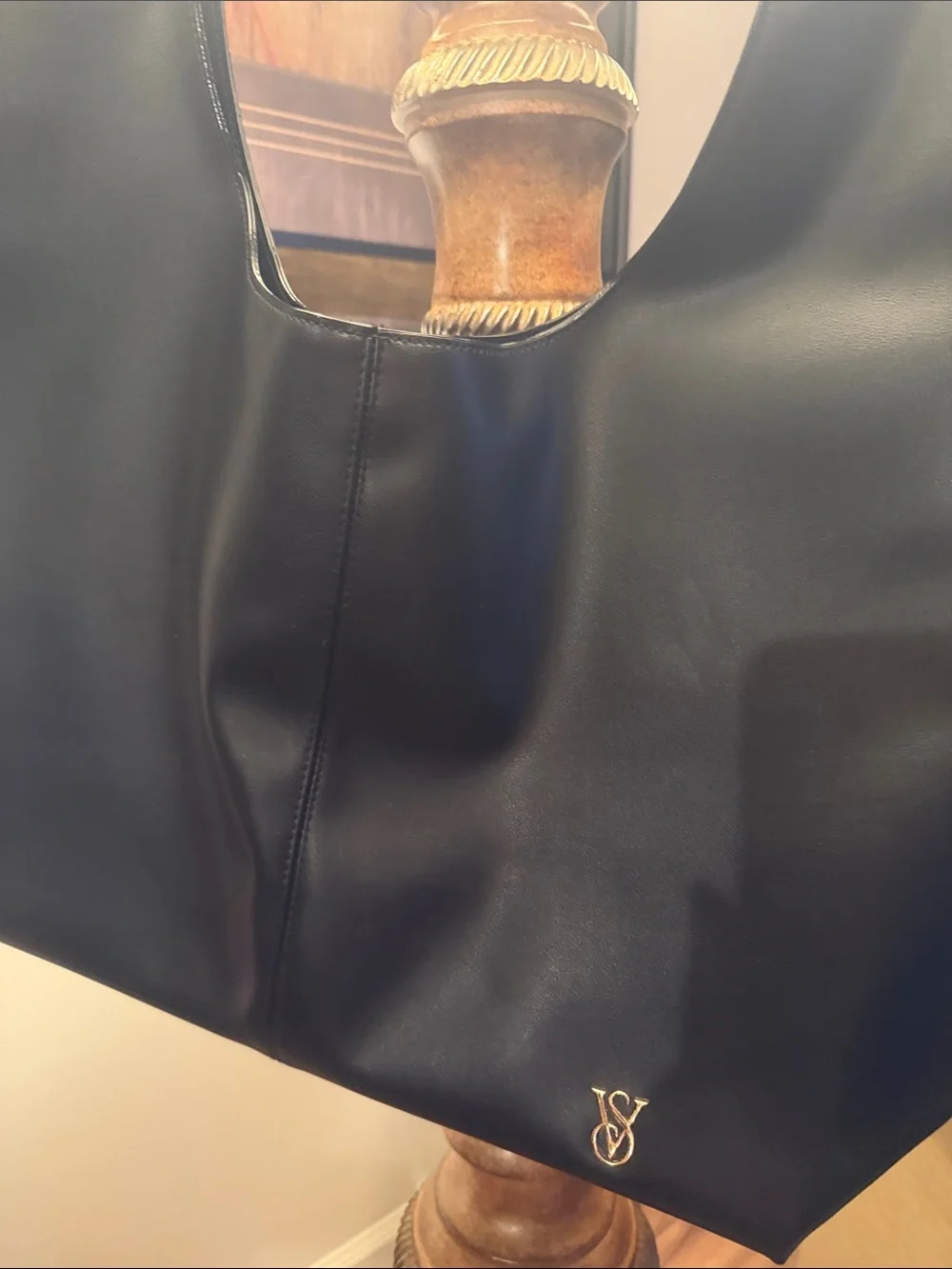 Victoria Secret Black Leather Shoulder Hobo with VS Monogram & Bow on  Shoulder